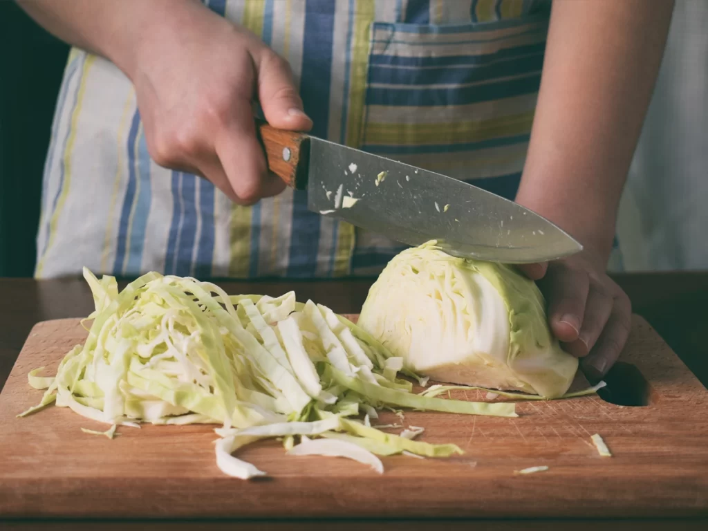 shred cabbage for homemade sauerkraut recipe